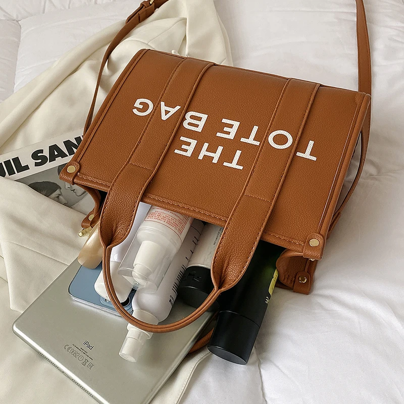 Women's Black Tote Shoulder Bag Pu Leather Ladies Commuter Briefcase Crossbody Bags Chic Letter Print Top Handle Female Handbag