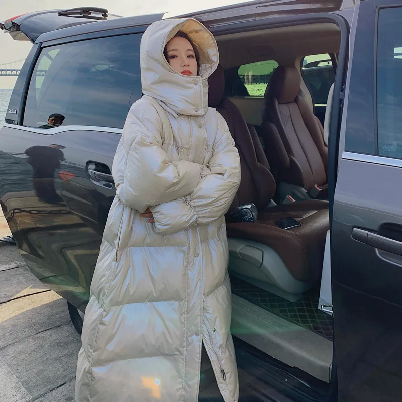 Wash-free bright down cotton-padded jacket women's middle and long knee-length to ankle thickening winter