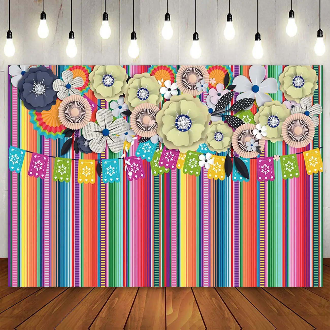 

Mexican Fiesta Theme Backdrop Cinco de Mayo Party Photography Background Colorful Stripes Flags Floral Table Banner Vinyl 7x5ft