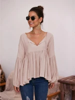 european and american spring and autumn puff sleeve solid color v neck womens top t shirt loose stitching ladys top 2022 new