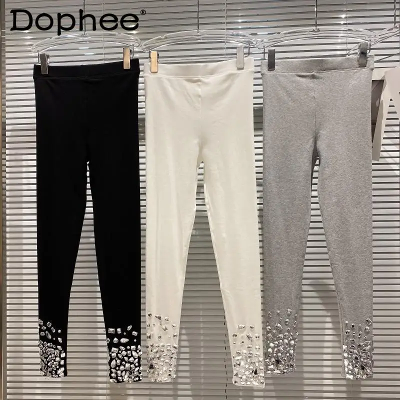 

Korean Heavy Rhinestones Cotton Skinny Leggings Women 2022 New Spring Autumn High Waist Stretch Slim Fitness Black Leggings