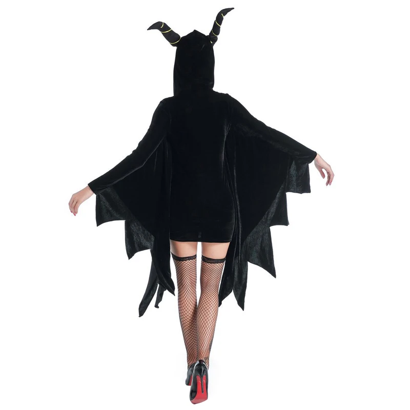 

Женский костюм ведьмы на Хэллоуин, платье с капюшоном и рукавом летучая мышь, с гудком, для косплея, маскарада, искусственная одежда для ролевых игр