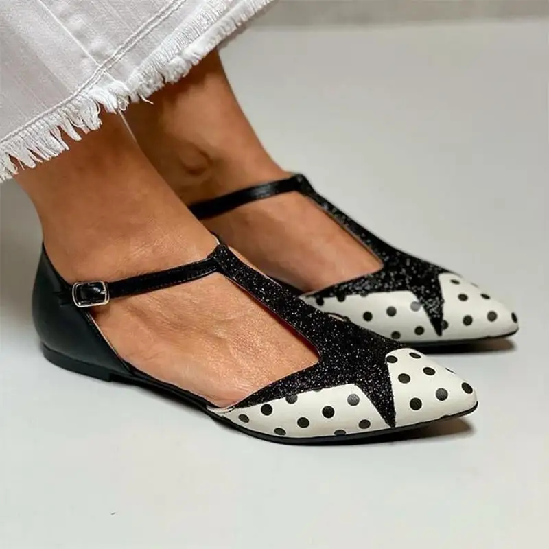 

Women Sandal 2023 Summer Sequined Polka Dot Casual Women Shoes T Buckle Hollow Pointed Toe Flat Mueller Shoes Dropshopping