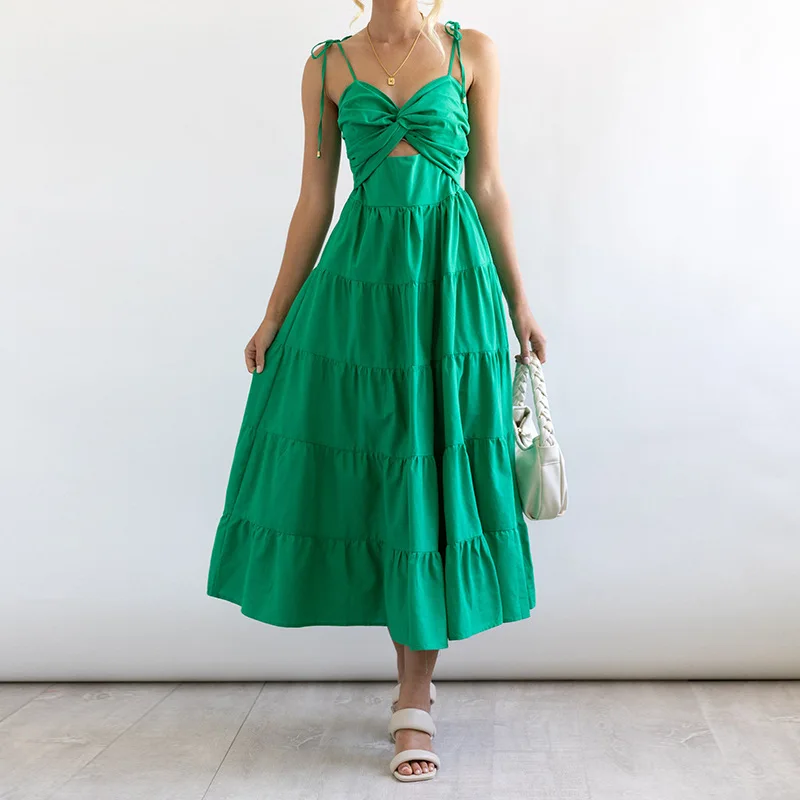 

Женское платье весна-лето 2023 года в европейском и американском стиле с ремешками, драпировками, вышивкой, однотонное платье