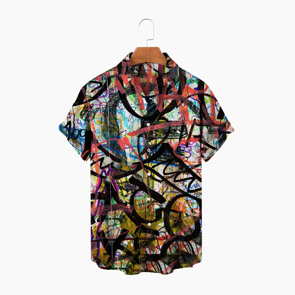

Summer Fashion Women's Men's Hawaiian Shirt Street Graffiti Print Casual Loose Linen Short Sleeve Beach Shirt Top Streetwear Vac