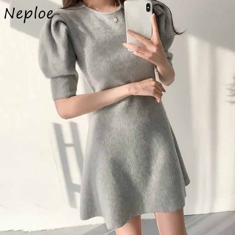 Neploe корейский с высокой талией бедра ТРАПЕЦИЕВИДНОЕ ПЛАТЬЕ Женский пуловер
