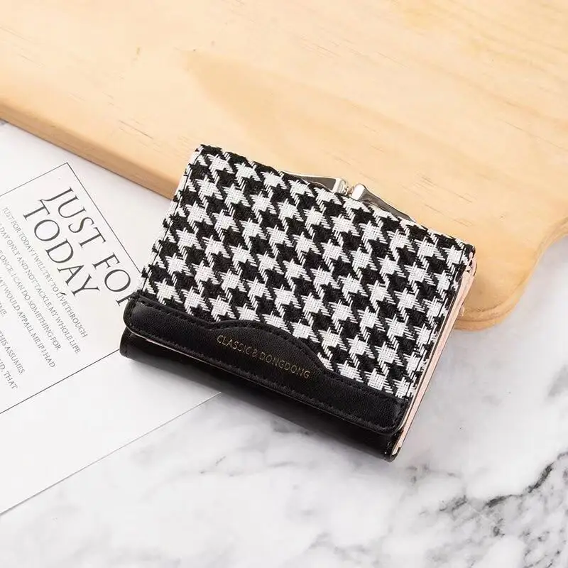 Women's Wallet Fashion Short Buckle Contrasting Color Folding Houndstooth Clutch Purse Ladies Multi-card Card Holder Coin Purse