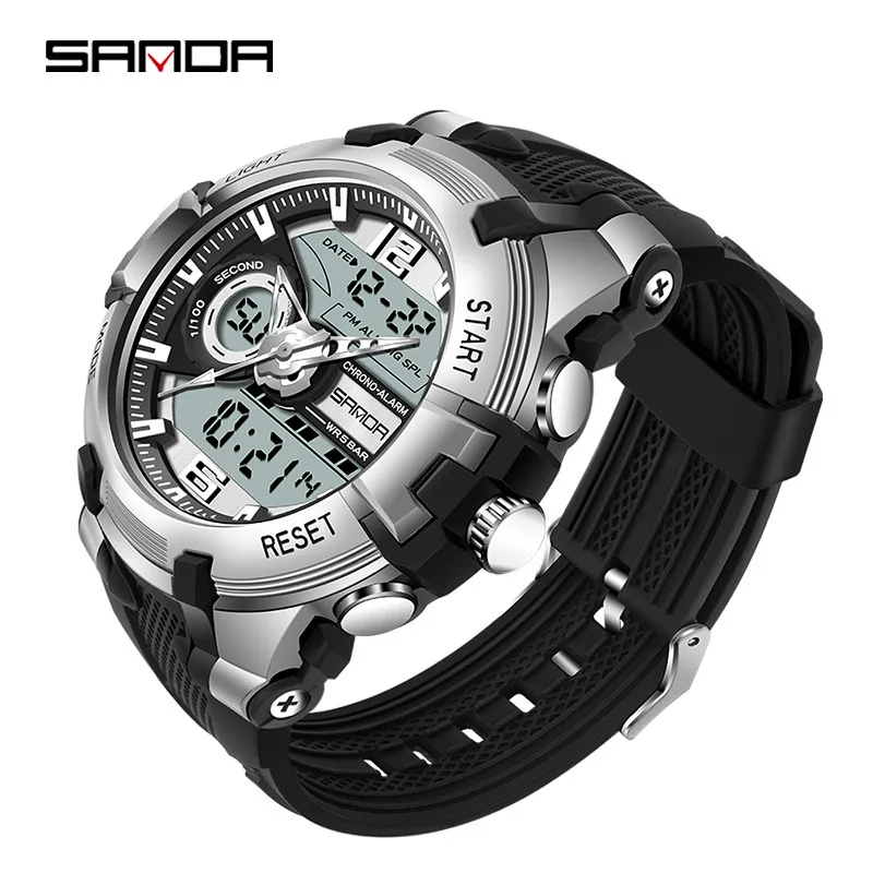 Фото SANDA 6015 Спортивные кварцевые часы для мужчин, электронные цифровые наручные часы с двойным LED-дисплеем, водонепроницаемые, ударопрочные, в стиле милитари №5