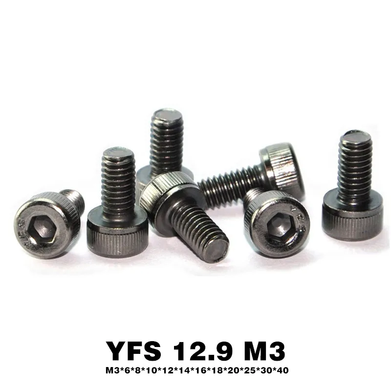 100Pcs YFS M3 Hexagon Socket Head Cap Allen Bolt Screw M3*6*8*10*12*14*16*20~40mm Grade12.9 Black Nickel Plating Antirust Screws