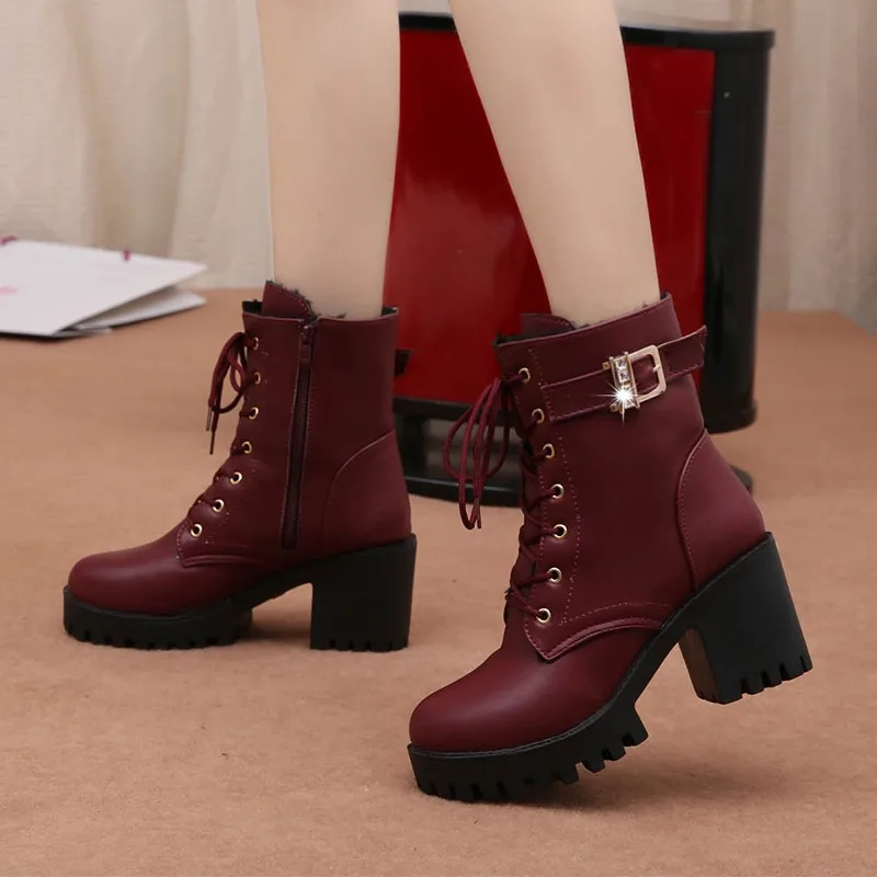 

Women Boots Lace Up Flat Biker Combat Wine Red Boots Shoes Buckle Woman Botas Women Hot Boots Winter Ankle High Heels