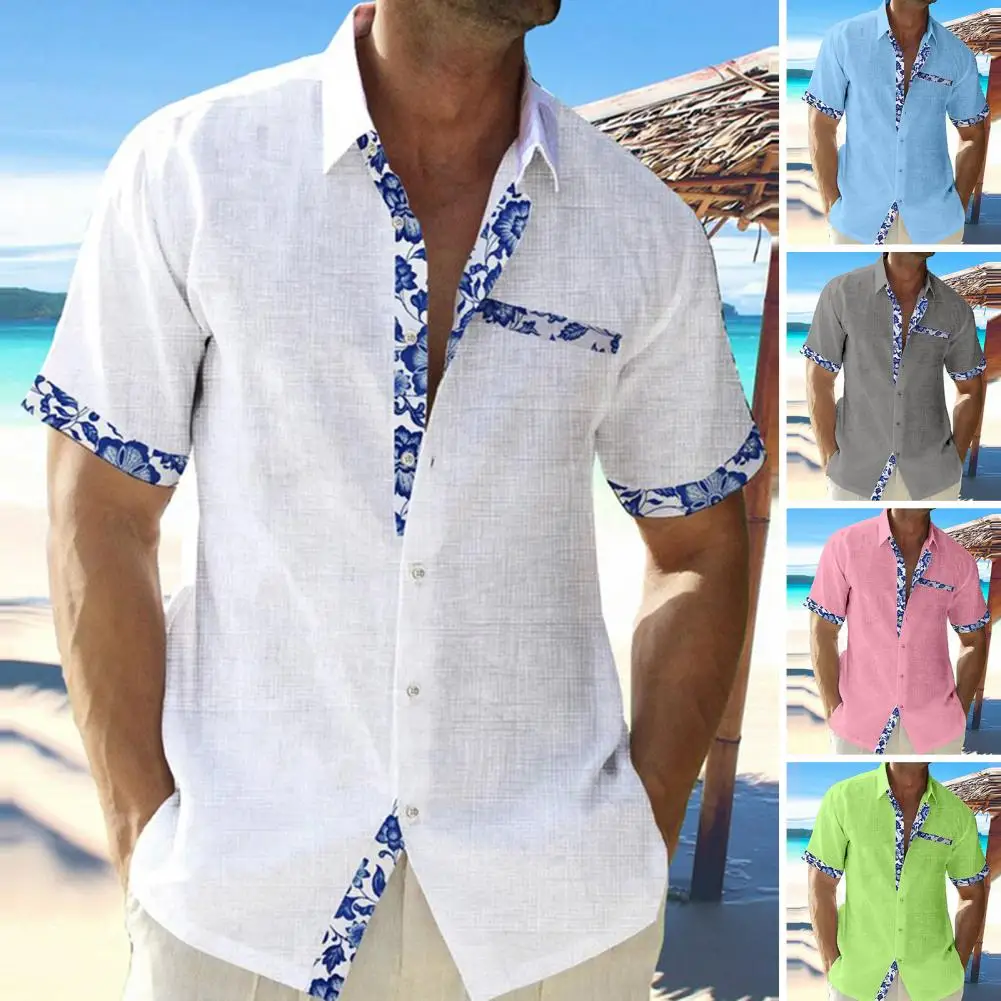 

Гавайская рубашка мужская с цветочным принтом, Пляжная сорочка в стиле пэчворк, стильный топ с отложным воротником и короткими рукавами, уличная одежда, лето
