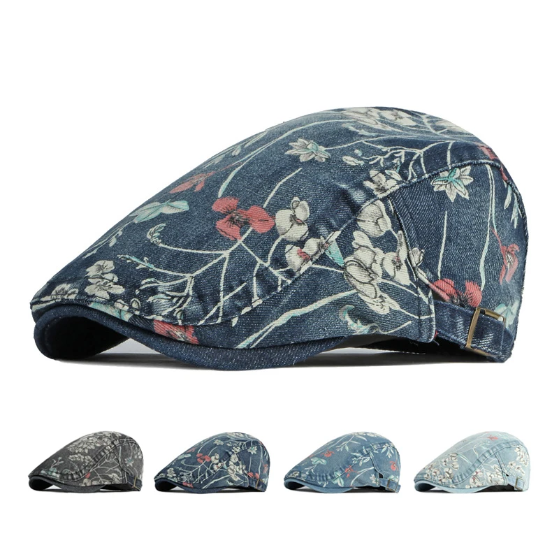 

Embroidery Beret Newsboy Caps for Men Women's British Vintage Washed Denim Cap Casual Forward Cap Gatsby Painters Hats Boina