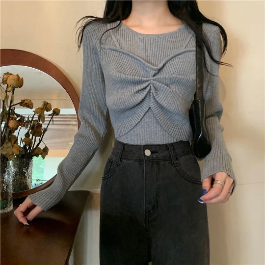 

Gray Korea Japan Pullover Girl Woman Women Sweater Sexy O Neck Knit Tops Tight Women's Sweaters Top Coat Cloth Suétere