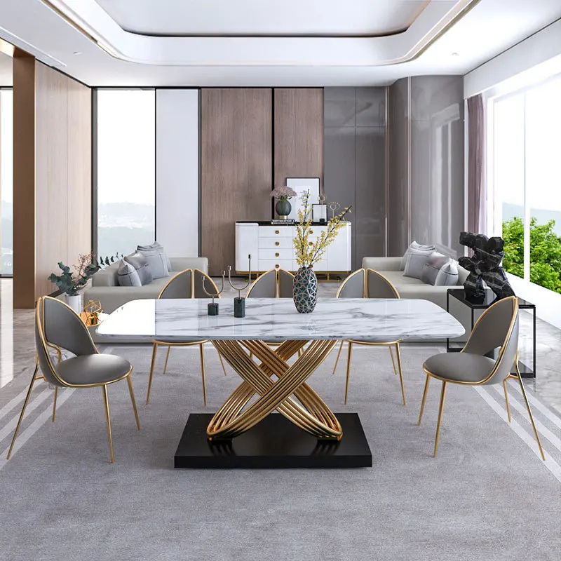 

Light luxury marble countertop dining table and chair combination simple postmodern household rectangular living room bar rock p