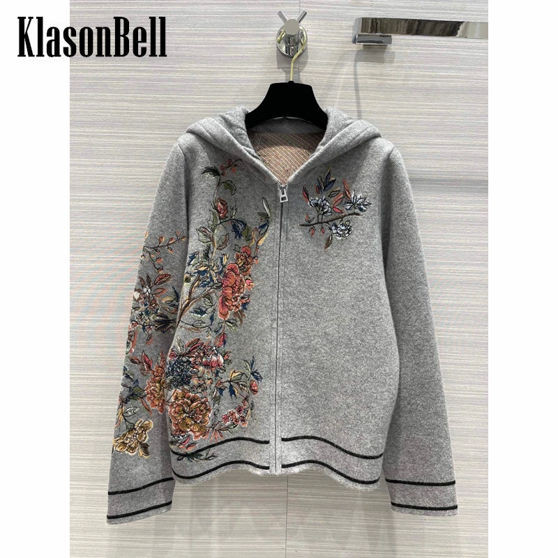 

10.12 KlasonBell Fashion Floral Embroidery Hooded Cashmere Knitted Zipper Cardigan Women
