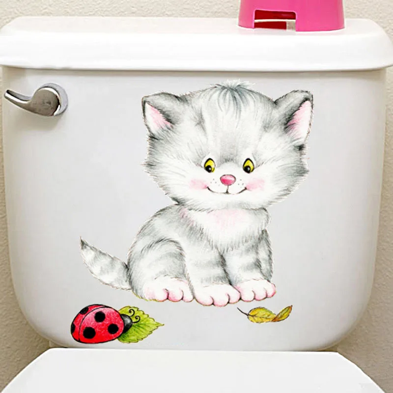 Very Cute Cartoon Kitten Wall Stickers Bathroom Toilet Living Room Home Decoration Art Decals Poster Wallpaper Removable Mural