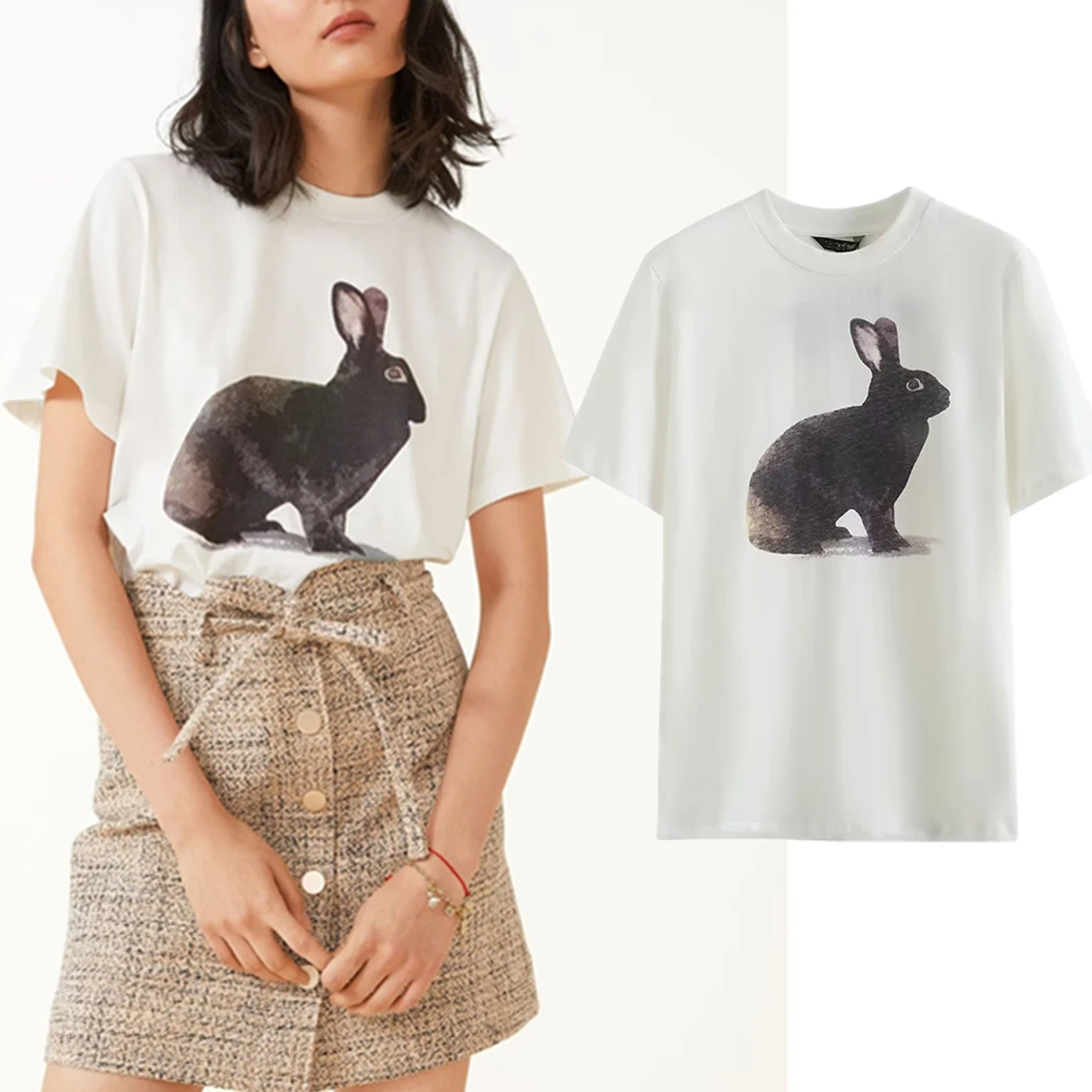 

Maxdutti 2023 Tshirts Women Summer Ladies Pure Cotton T-Shirt Cute Rabbit Printed Round Neck Top