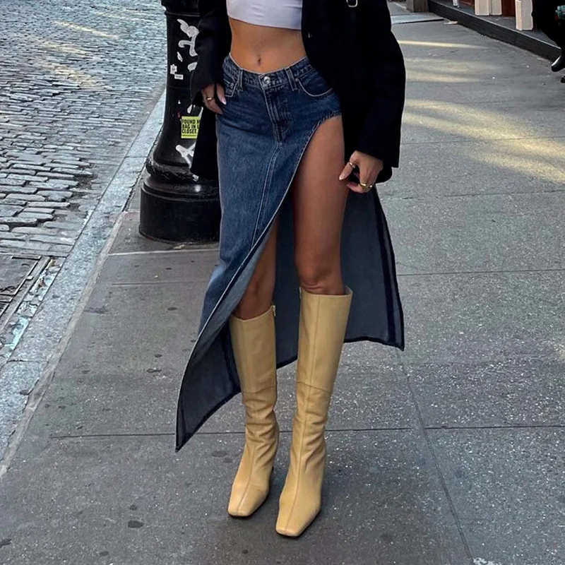 

Женская джинсовая юбка с разрезом, Повседневная Длинная облегающая юбка средней длины с высокой талией, модель y2k на лето, 2023