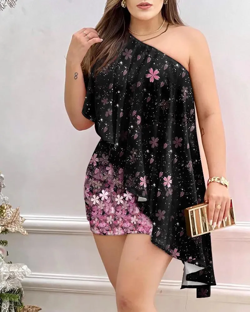 

Women Sexy One Shoulder Ruched Asymmetrical Party Dress