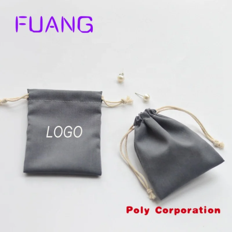 Custom Logo Printed Grey Cotton Linen Drawstring Pouch Cotton Linen Gift Packing Bag