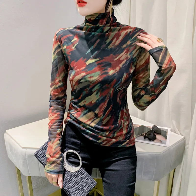 #8867 демисезонная Футболка с воротником хомут Женская сетчатая облегающая