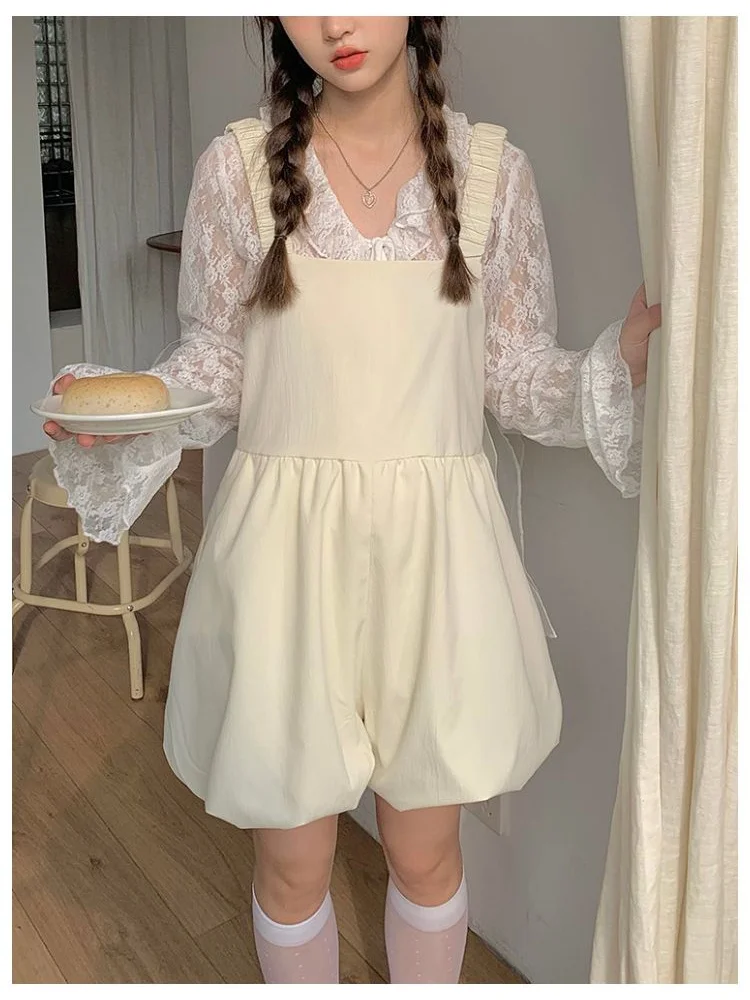 HOUZHOU Kawaii Overalls Japanese Style Shorts Jumpsuits Female Soft Girl Cute Wide Leg Short Pants Sweet Playsuits Summer 2023