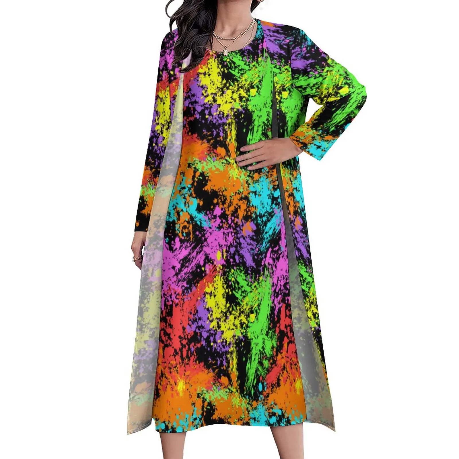 

Retro Paint Splash Dress Colorful Print Cute Maxi Dress Aesthetic Boho Beach Long Dresses Autumn Two-Piece Vestido Big Size