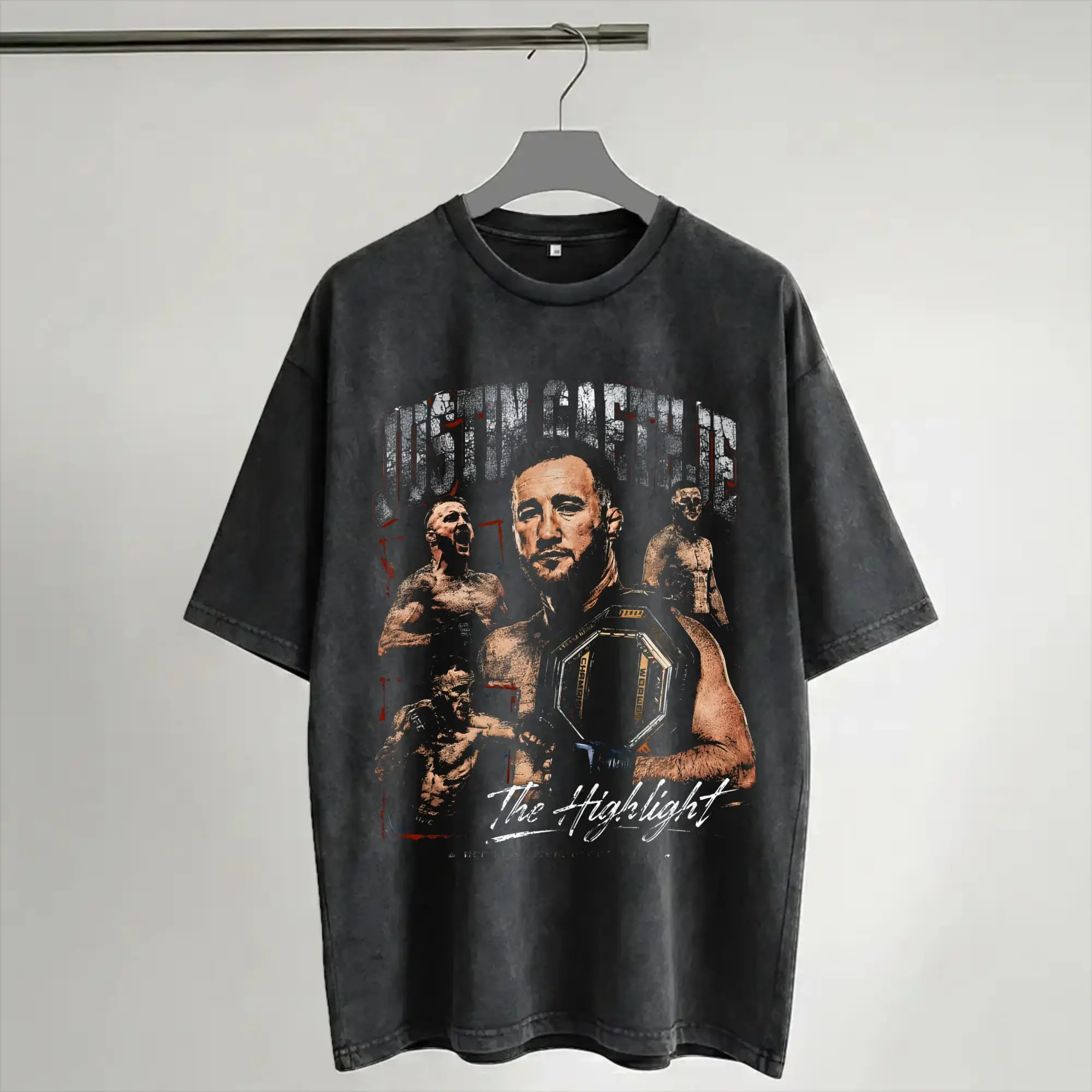 Фото Футболка Justin Gaethje The Highlight Washed в стиле стритвир, модная хип-хоп футболка, футболка для мужчин и женщин, с коротким рукавом, оверсайз №1