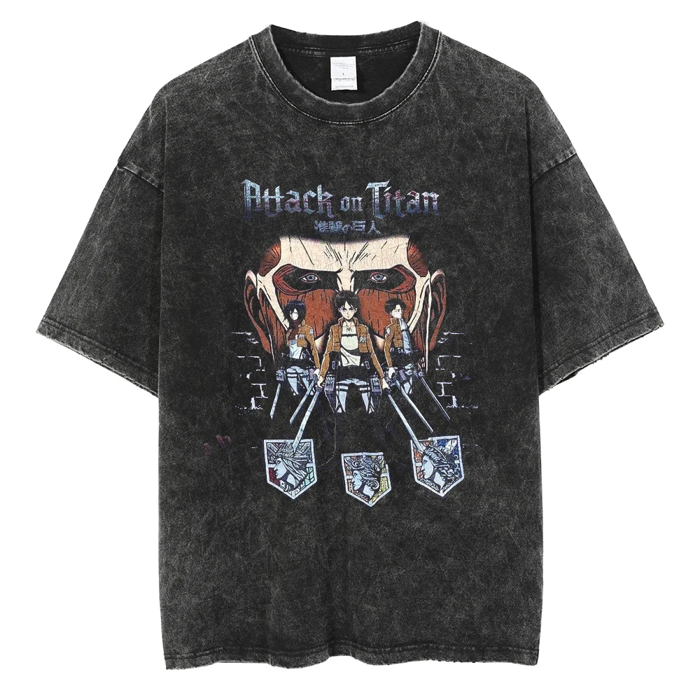 

Japanese Anime Attack on Titan Tshirt Harajuku Streetwear Men Washed T-Shirt Cotton Tops Summer Fashion Vintage Tees Unisex