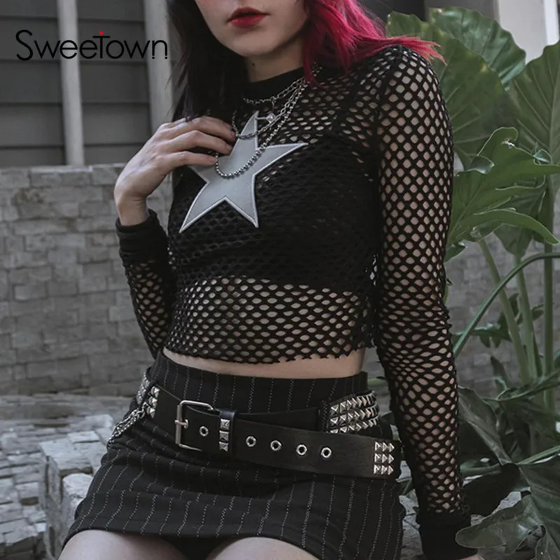 

Женская Сетчатая футболка Sweetown Goth Grunge, черная облегающая футболка с длинным рукавом и круглым вырезом, контрастных цветов, в стиле пэчворк