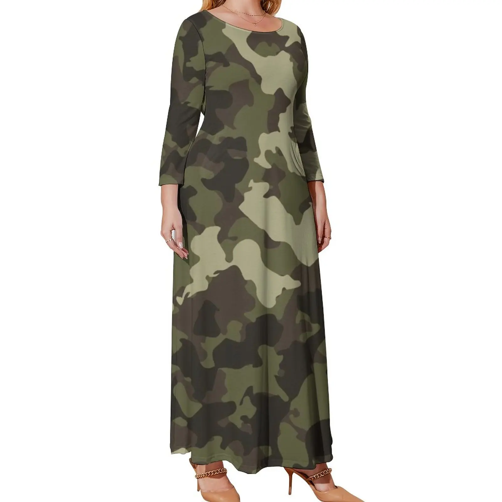 Army Camo Dress Cool Camouflage Print Bohemia Dresses Long-Sleeve Street Fashion Long Maxi Dress Sexy Clothes Plus Size 5XL