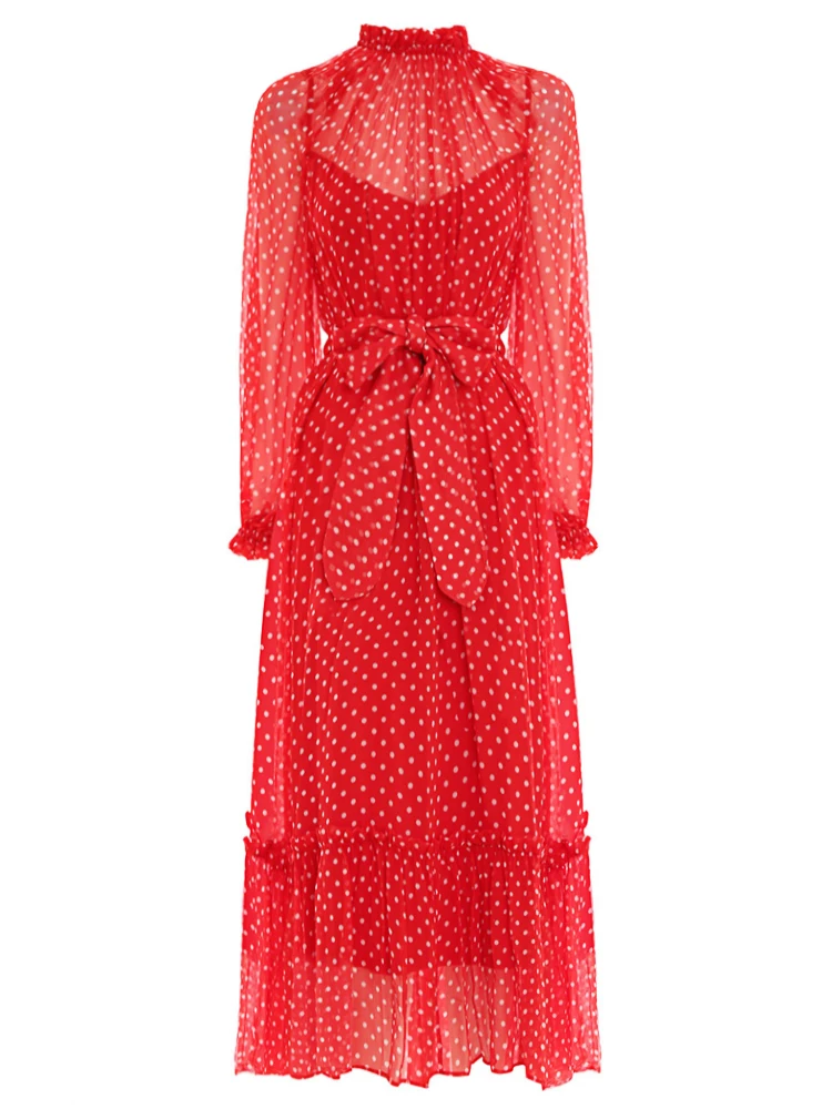 

Sweetsince 2023 Fashion Designer Ladies French Retro Red Polka Dot Dress Wood Ear Trim Collar Double Layer Two-Piece Long Dress