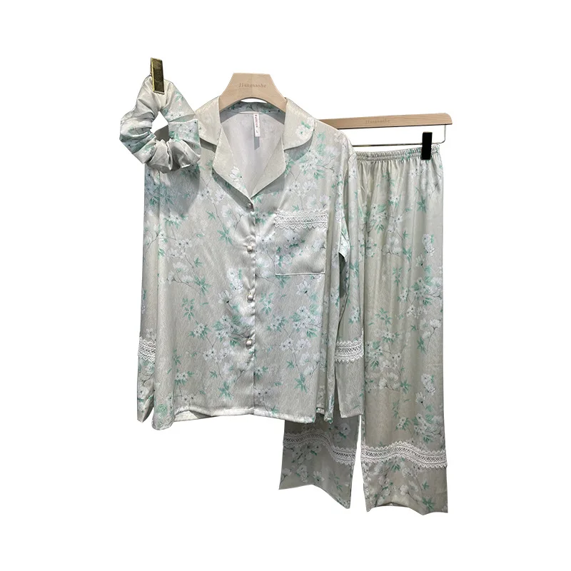 Women's 3 Piece Pajamas Sets Soft Cute Floral Pijama Faux Silk Satin Pyjamas Female Sleepwear Long Sleeve Shirt Trouser Homewear