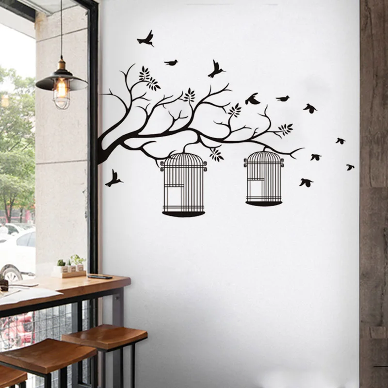 Декоративные самоклеющиеся винилы для стен черное дерево клетка птиц настенные