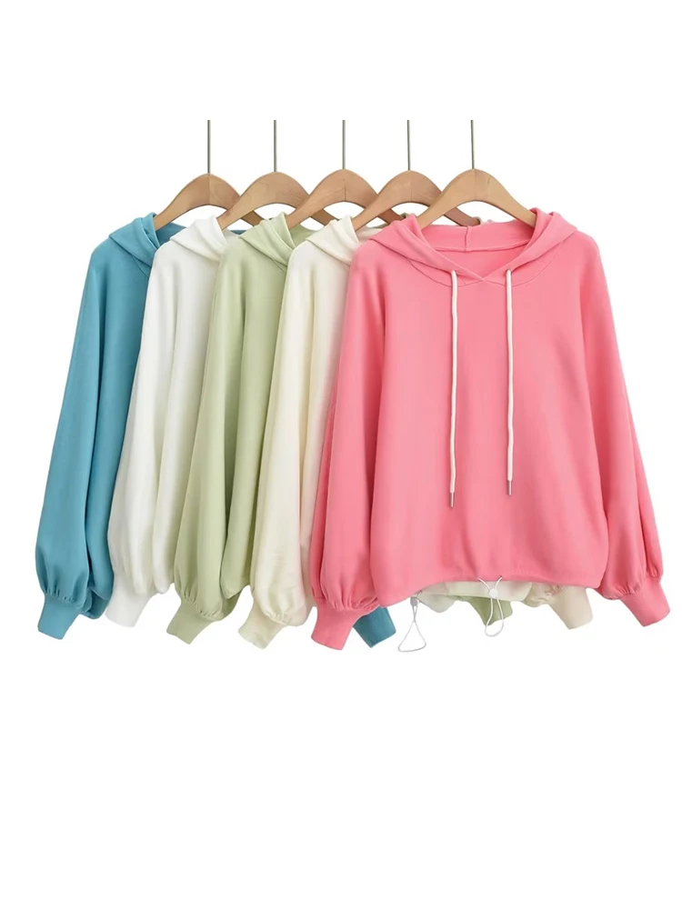 

5 Colors Women Loose Hooded Sweatshirts Lantern Sleeve Pullovers Hoodies