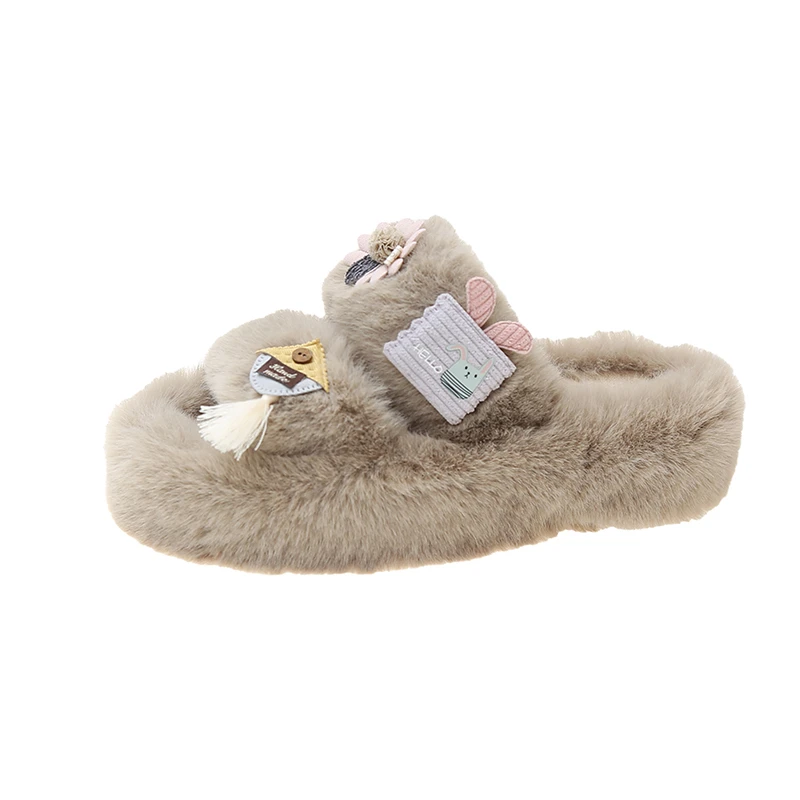 

New Women's Slippers Round Toe Platform Flat Middle Heel Fur Sandals Cute Warm Slippers Home Slippers Furry Slippers Big Size 42