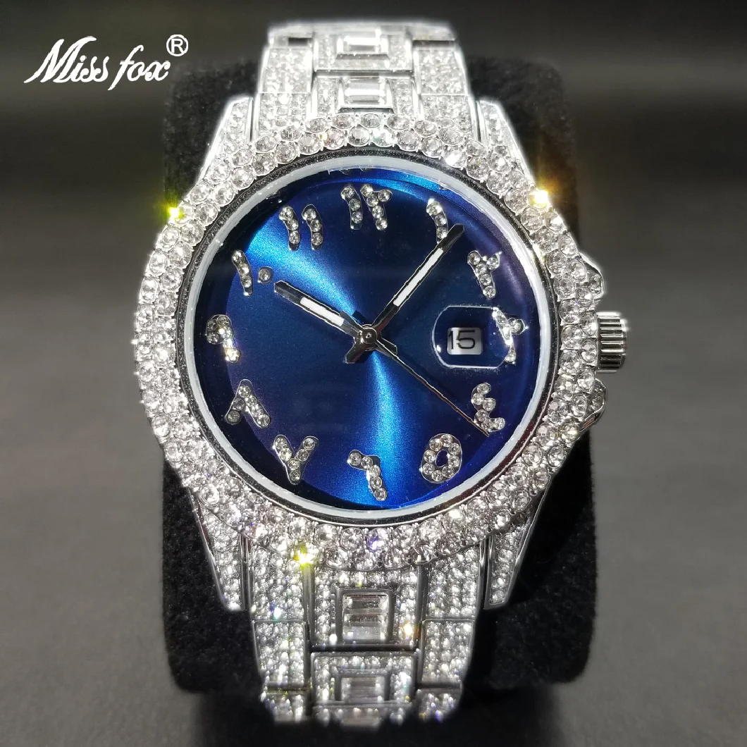 

MISSFOX Hip Hop Ice Out Men's Watches Luxury Brand Diamond blue Dial Watch Fashion New Automatic Date Silver Relogio Masculino