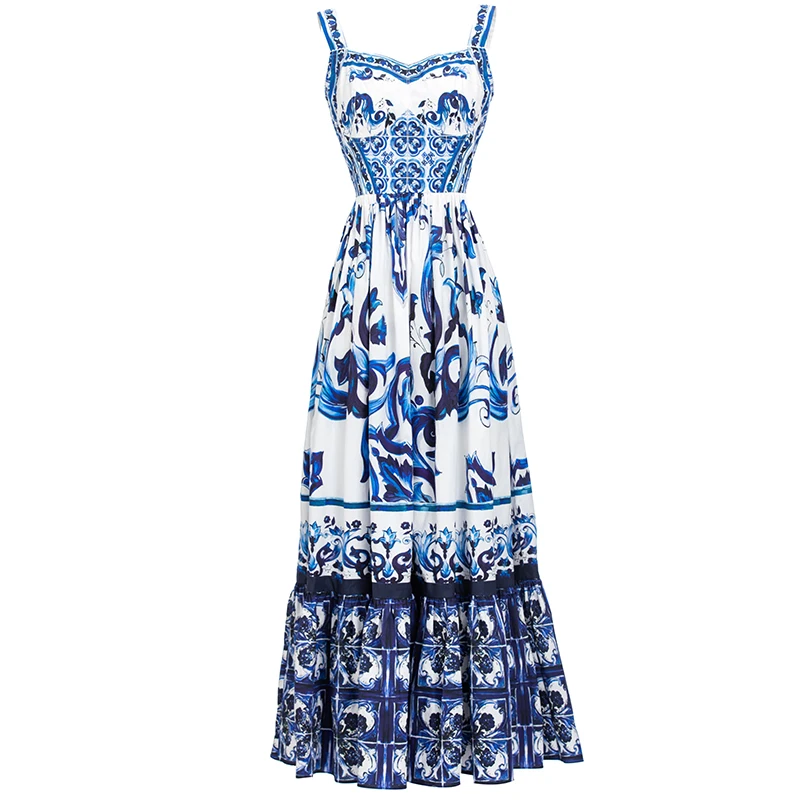Gedivoen Fashion Designer dress Summer Women's Dress Spaghetti Strap Blue and White Porcelain Printing Vacation Cotton Dress