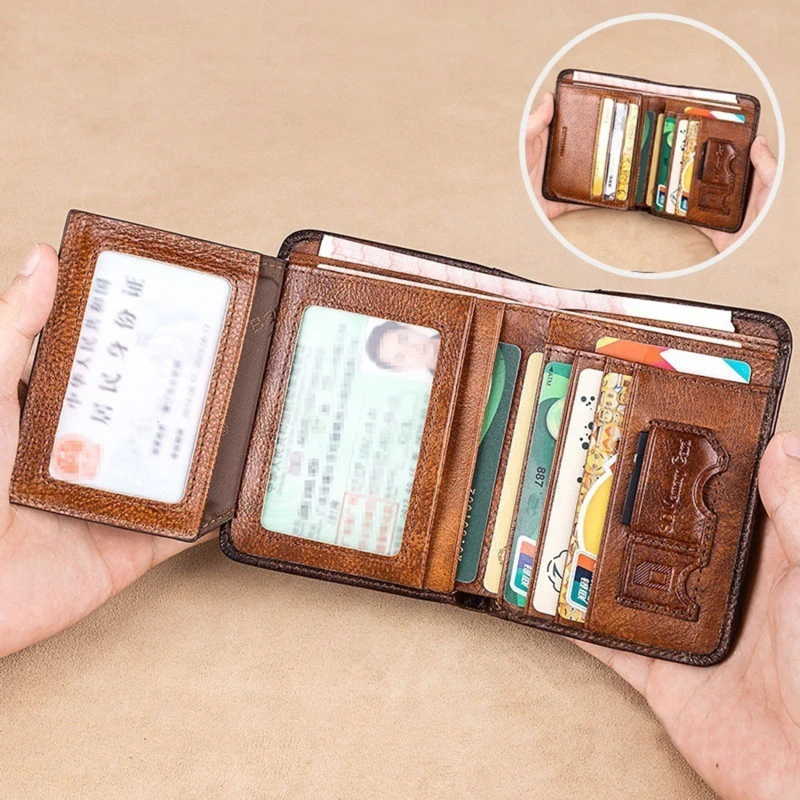 Men Wallet Genuine Leather Rfid Blocking Trifold Wallet Vintage Thin Short Multi Function ID Credit Card Holder Male Purse Money 3