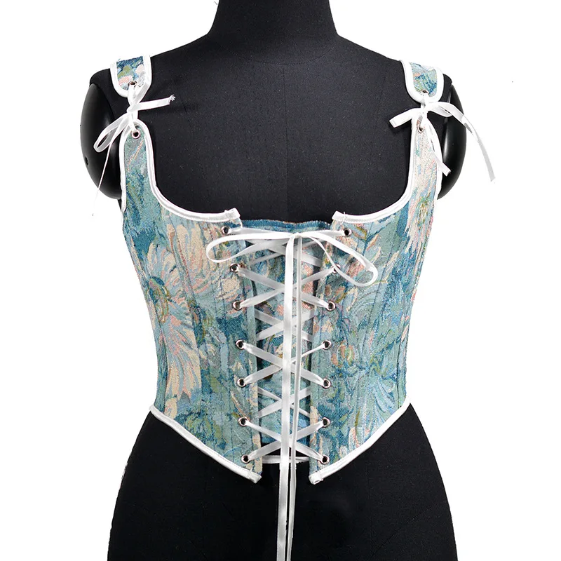 

French Bandage Half-pack Bodice Yarn-dyed Ink Wash Chrysanthemum Embroidery Folded Vest Women's Top Corset