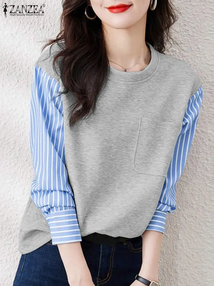 

Осенняя Лоскутная Блузка ZANZEA, женские топы с имитацией двух частей, Модный Полосатый пуловер с длинным рукавом, повседневный рабочий свитшот, рубашка