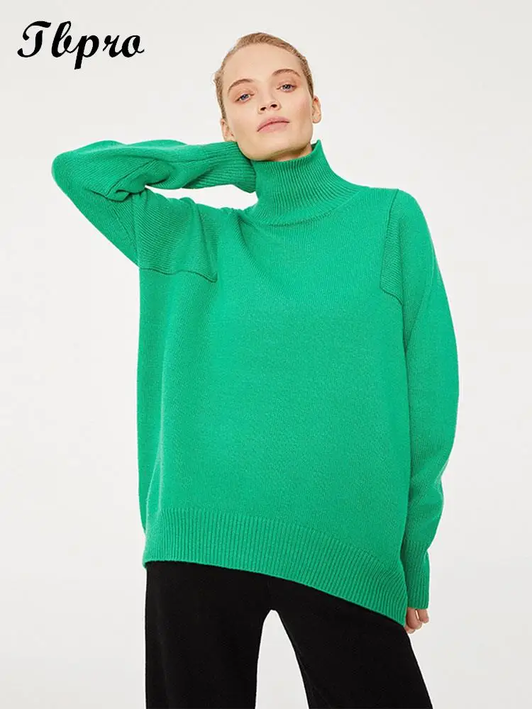 

Solid Color Knitted Turtleneck Sweater Women Loose Long Sleeved Thick Pullovers Top 2023 Winter Fashion Office Lady Jumper