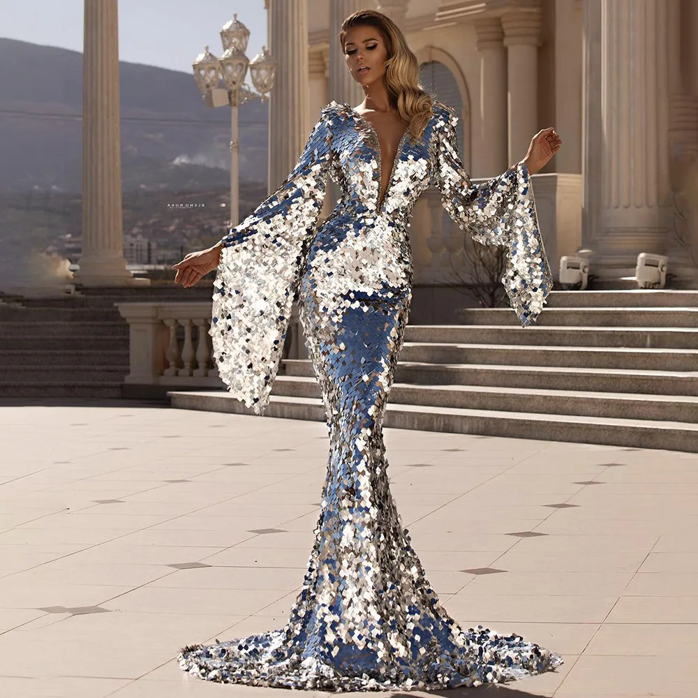2022 New Women's Prom Dress Sexy Sequin Silver Hip Evening Party Maxi Dress Traf Vestidos Women Trumpet Long Sleeve Clothing