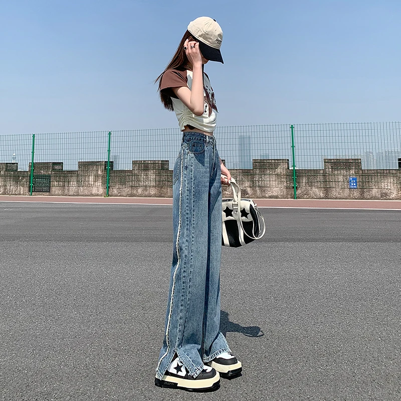 High waisted slit jeans for women's 2023 new long pants dark blue autumn and winter high street wide legs loose and slim micro f