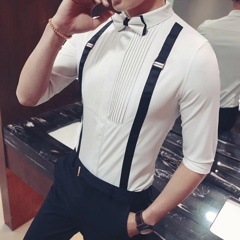 

Pleat Men shirt with bowtie men tuxedo shirt black white stylish shirts for men wedding party club party slim fit shirt men 5xl