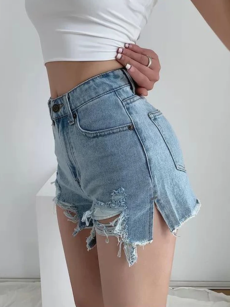 New Streetwear Women Hole Split Loose Blue Denim Shorts Summer Female High Waist Button Retro Jeans Shorts Bottoms