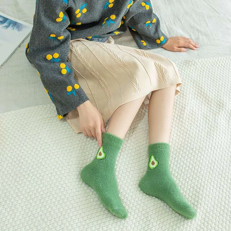 New Winter Autumn Velvet Socks Cute Fruit Socks Thicken Warm Women Socks Sleep Socks Girls Home Floor Bedroom Sox Harajuku Gift