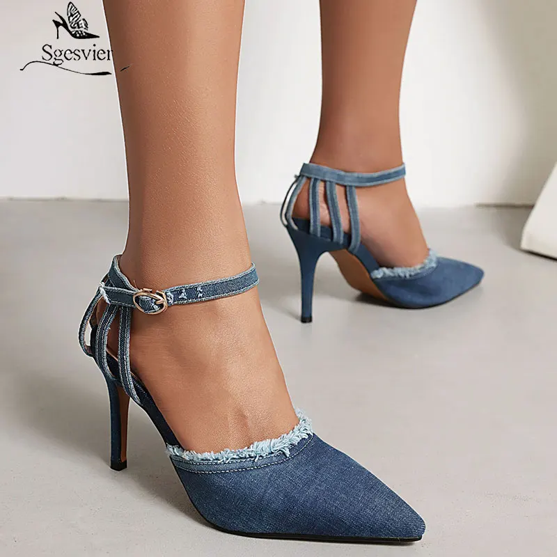 

Sgesvier New Elegant Mature Washed Denim Jeans Pointed Close Toe Summer Ladies Pumps Party Wedding Heel Small Foot Women Sandals