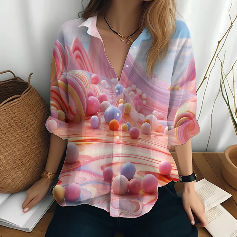 

Autumn Long -sleeved Shirt Outdoor Office Fashion Shirt Female Classic Lapel Shirt Sweet Candy 3D Printing Shirt Oversized Shirt
