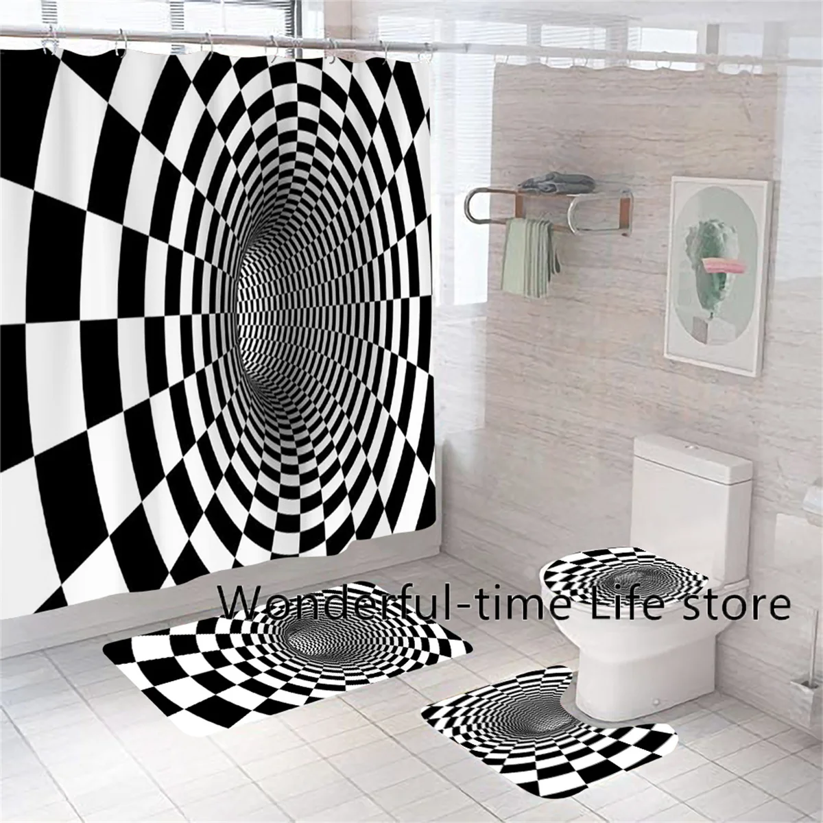 

Modern Geometric Plaid Pattern Bathroom Shower Curtains Abstract Geometric Curtains Optical 3D Vortex Illusion Home Decoration